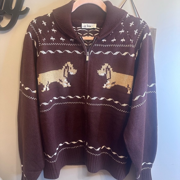 In Bloom Sweaters - In Bloom Brown Zip Up Sweater with Dog Design